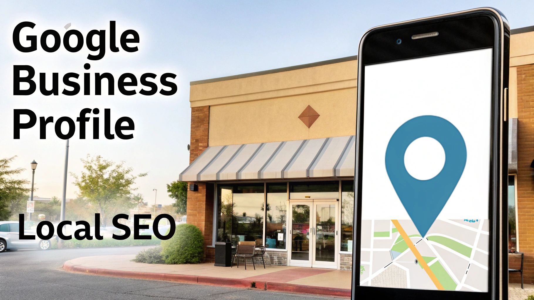 A storefront building with 'Google Business Profile Local SEO' text and a smartphone displaying a map with a blue location pin.