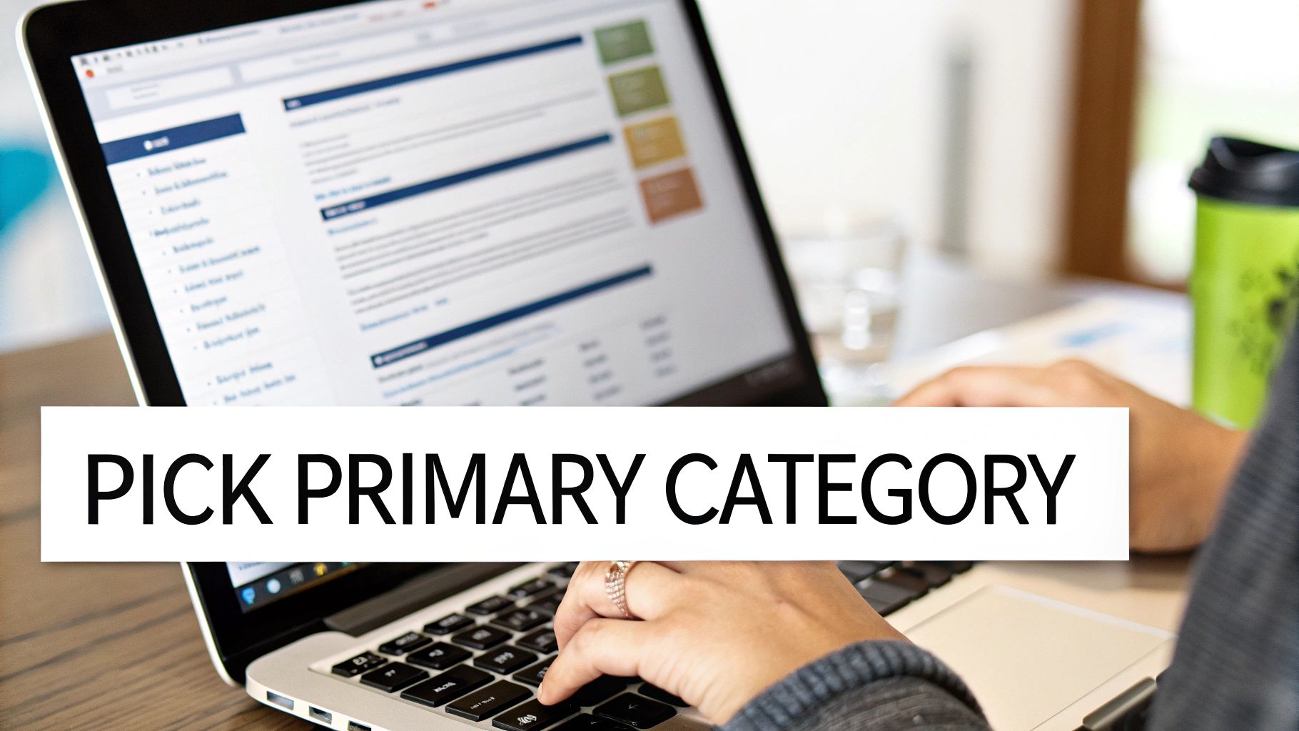 Hands typing on a laptop keyboard with a 'PICK PRIMARY CATEGORY' banner across the screen.