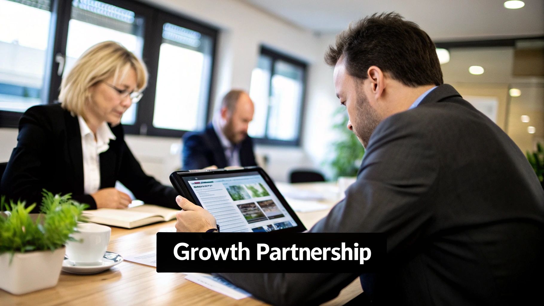 A team of marketing professionals collaborating on a growth strategy in an office, symbolizing a holistic partnership.