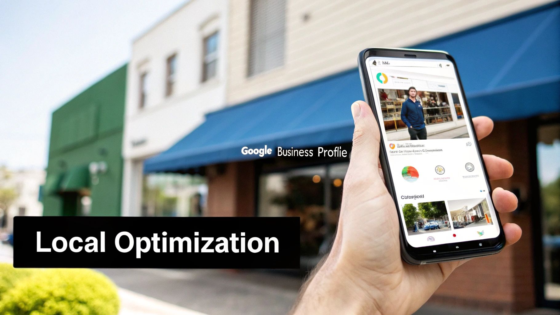 A hand holds a smartphone displaying a Google Business Profile app, emphasizing local optimization.