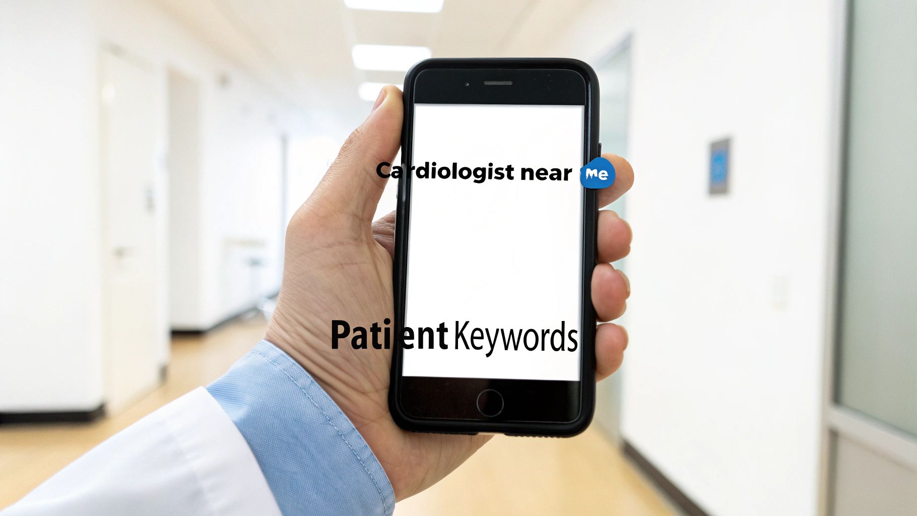 A person using a laptop to research keywords online, with search query examples visible.