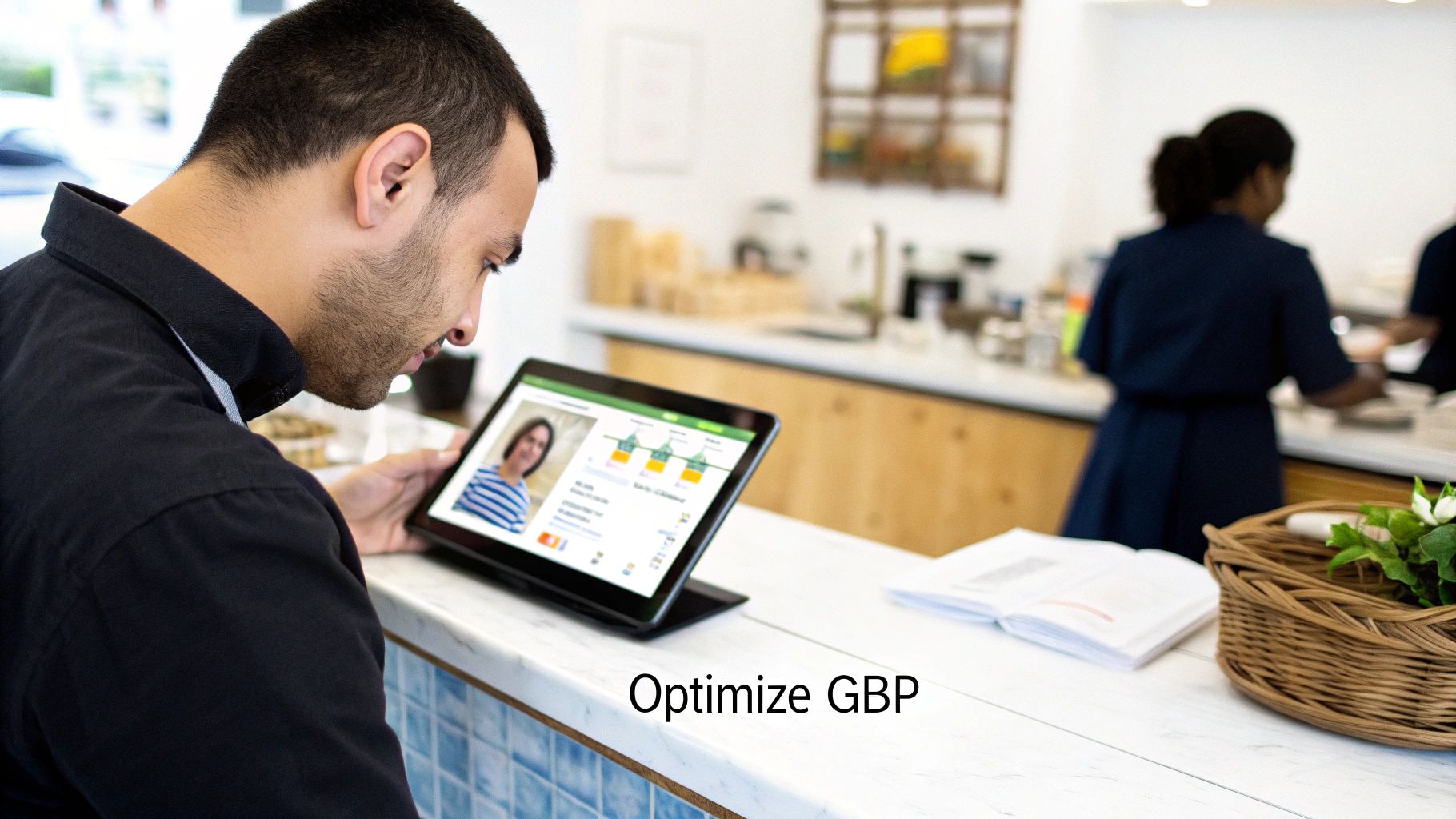 Man uses a tablet to optimize Google Business Profile, showing a dashboard in a cafe.
