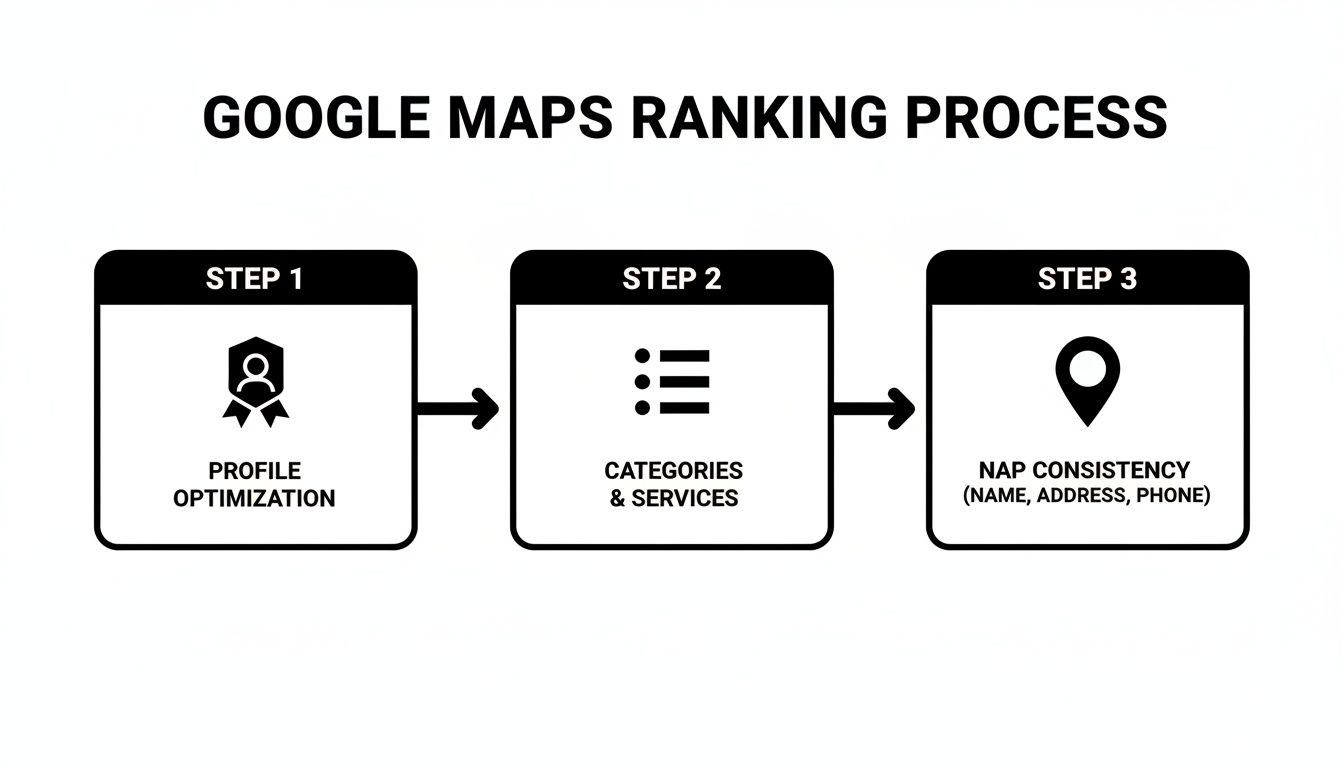 Diagram showing the 3-step Google Maps ranking process: profile optimization, categories & services, and NAP consistency.