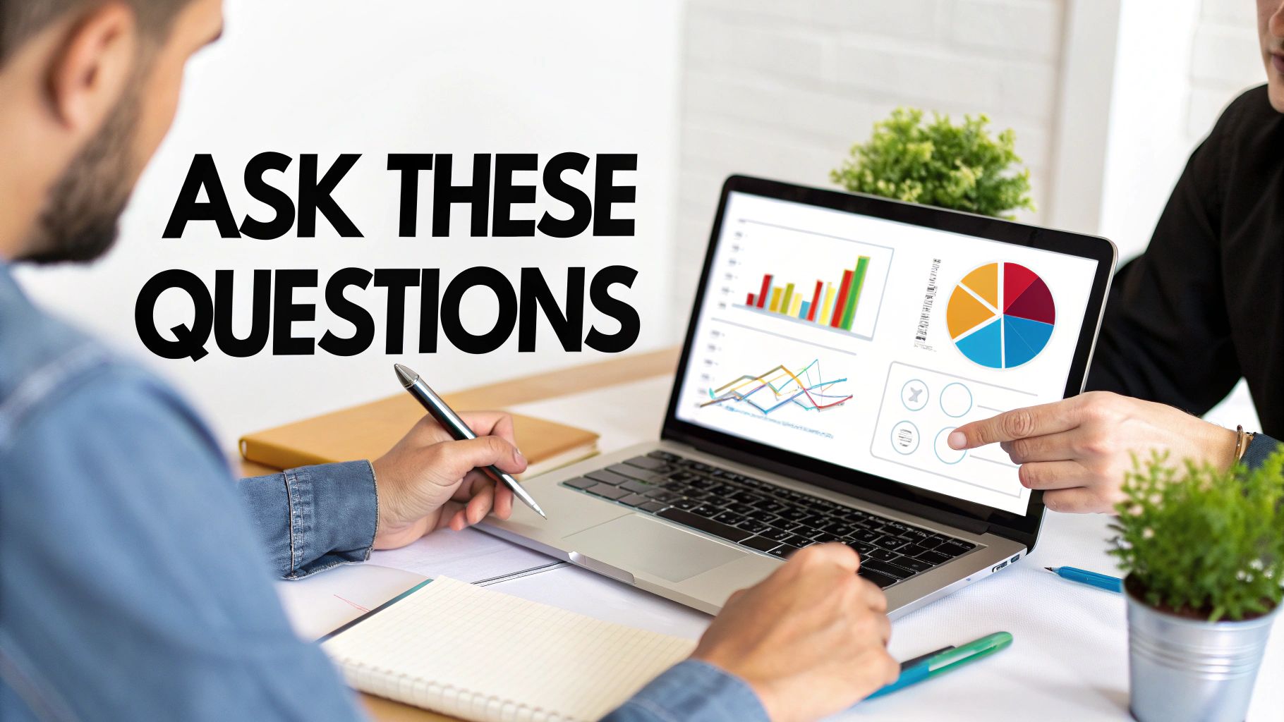 Two people review data on a laptop, one pointing, the other writing, with 'ASK THESE QUESTIONS' text.