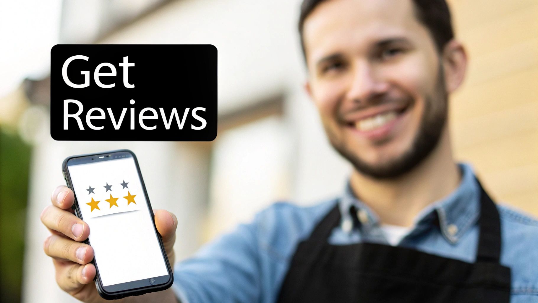 Smiling man holding a smartphone showing two gold stars and text 'Get Reviews' for business improvement.