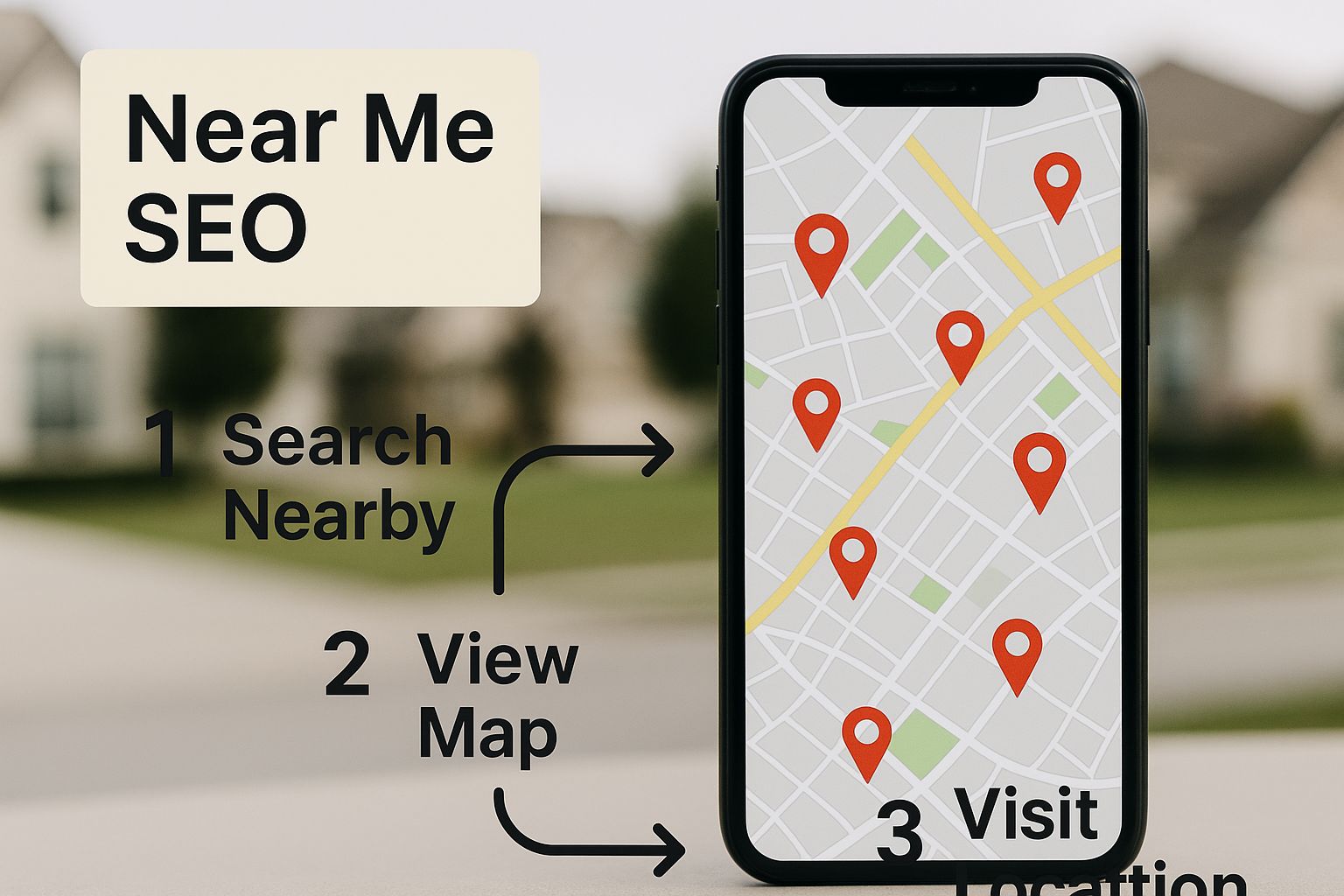 An infographic showing a smartphone with a map and location pins, with the text 'Near Me SEO' in the corner.