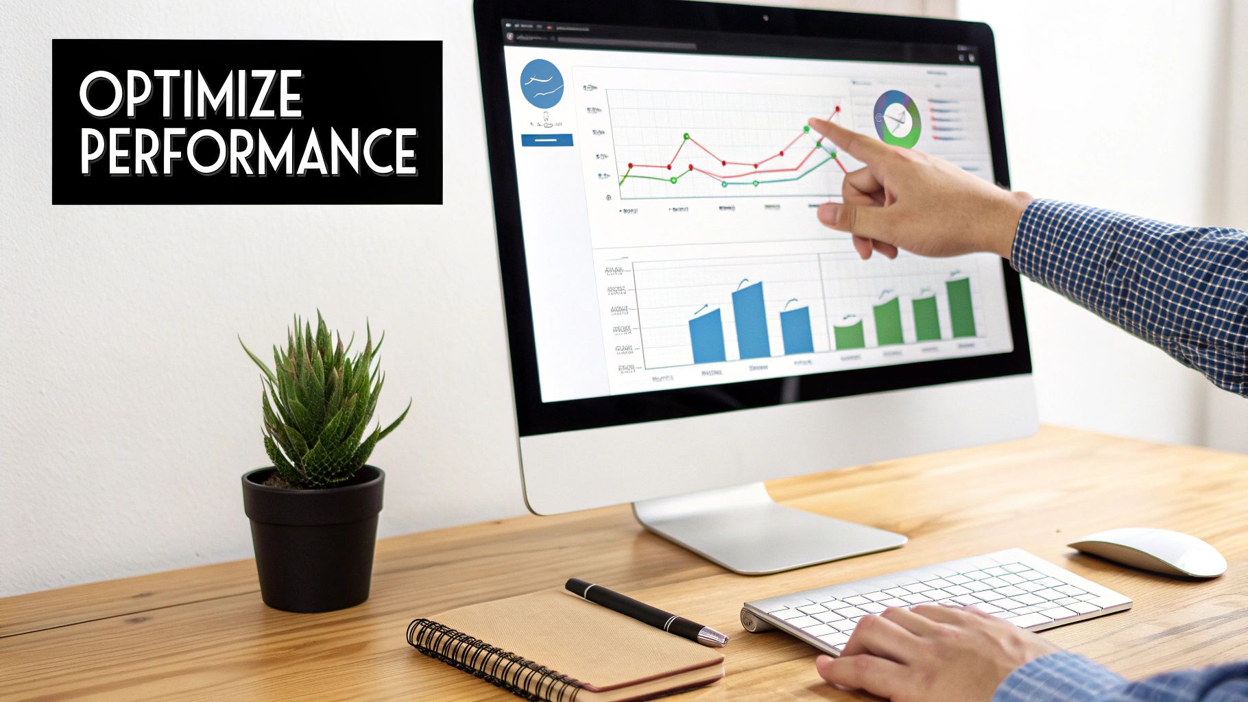 A person analyzes performance graphs on a computer screen, optimizing data in a professional workspace.