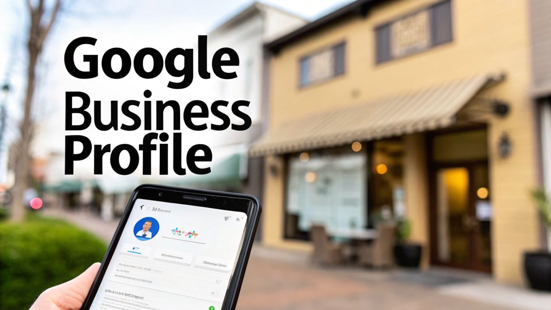 A hand holding a smartphone displays a Google Business Profile, with a blurred street and storefront.