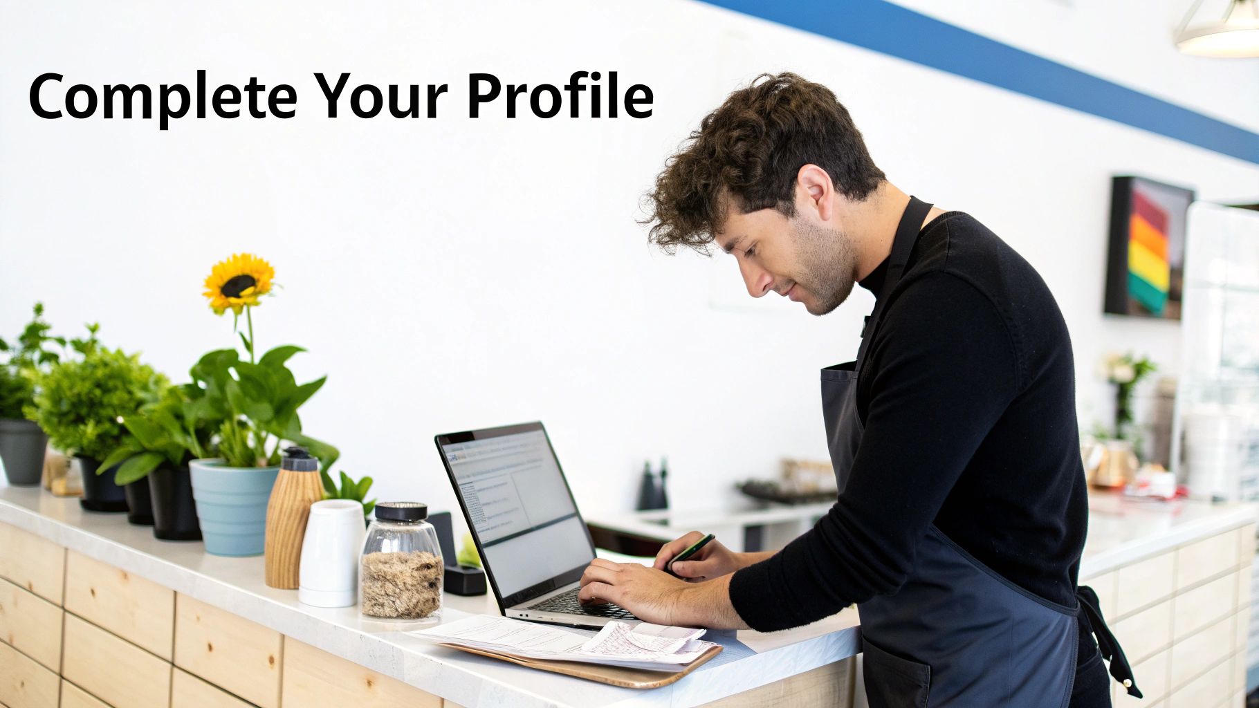 A focused man in an apron works on a laptop at a counter, completing his profile.