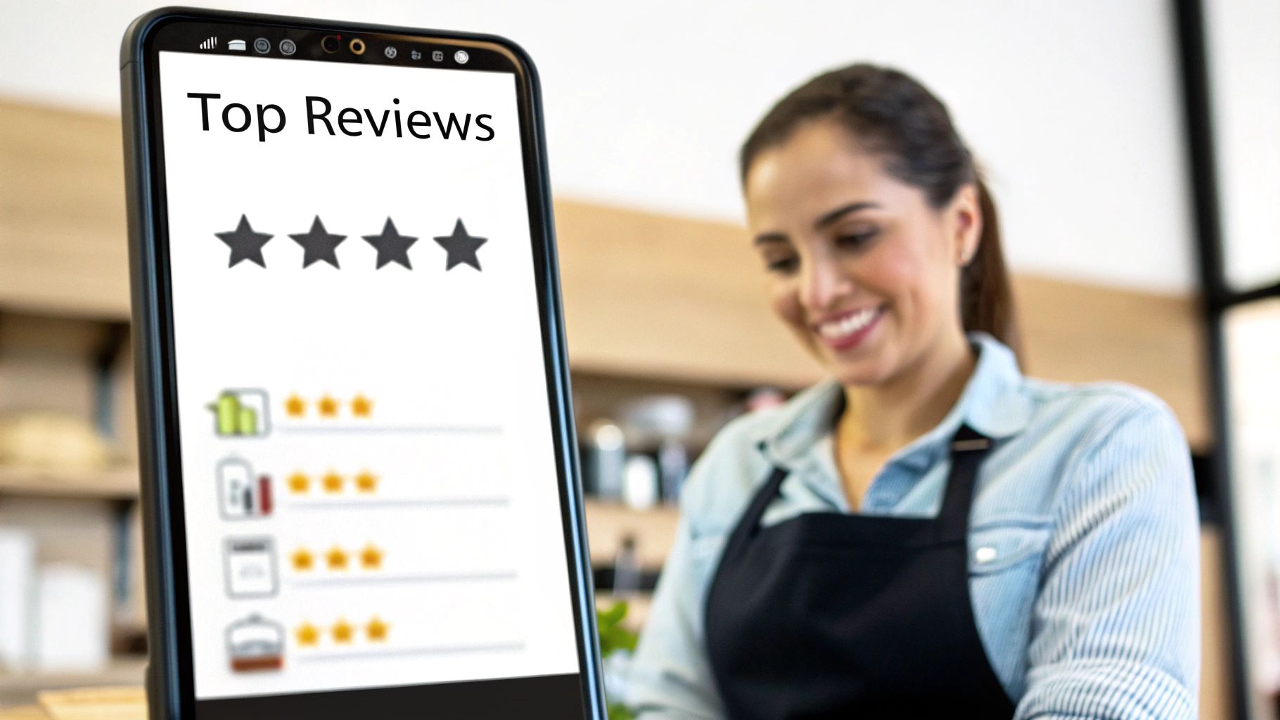 A happy business owner looks at positive customer reviews on a smartphone, showing "Top Reviews" and a 4-star rating.