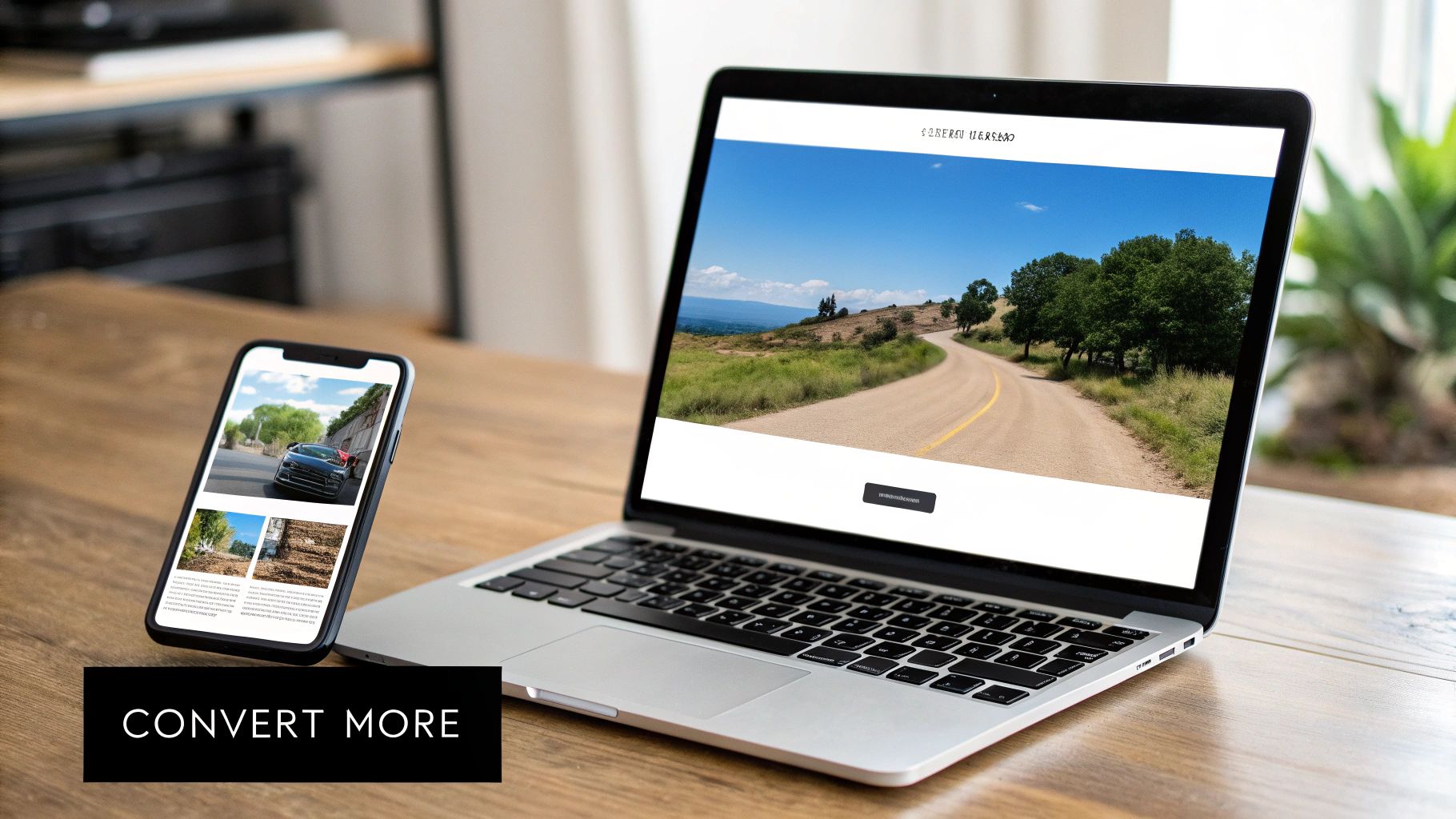 A laptop and smartphone on a wooden desk, both displaying a website with a winding road, illustrating responsive design and the 'Convert More' concept.