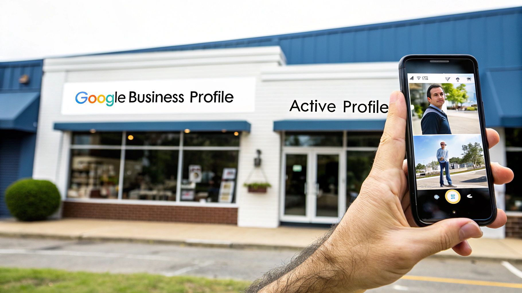 A hand holding a smartphone with profile pictures in front of a building signed with Google Business Profile.