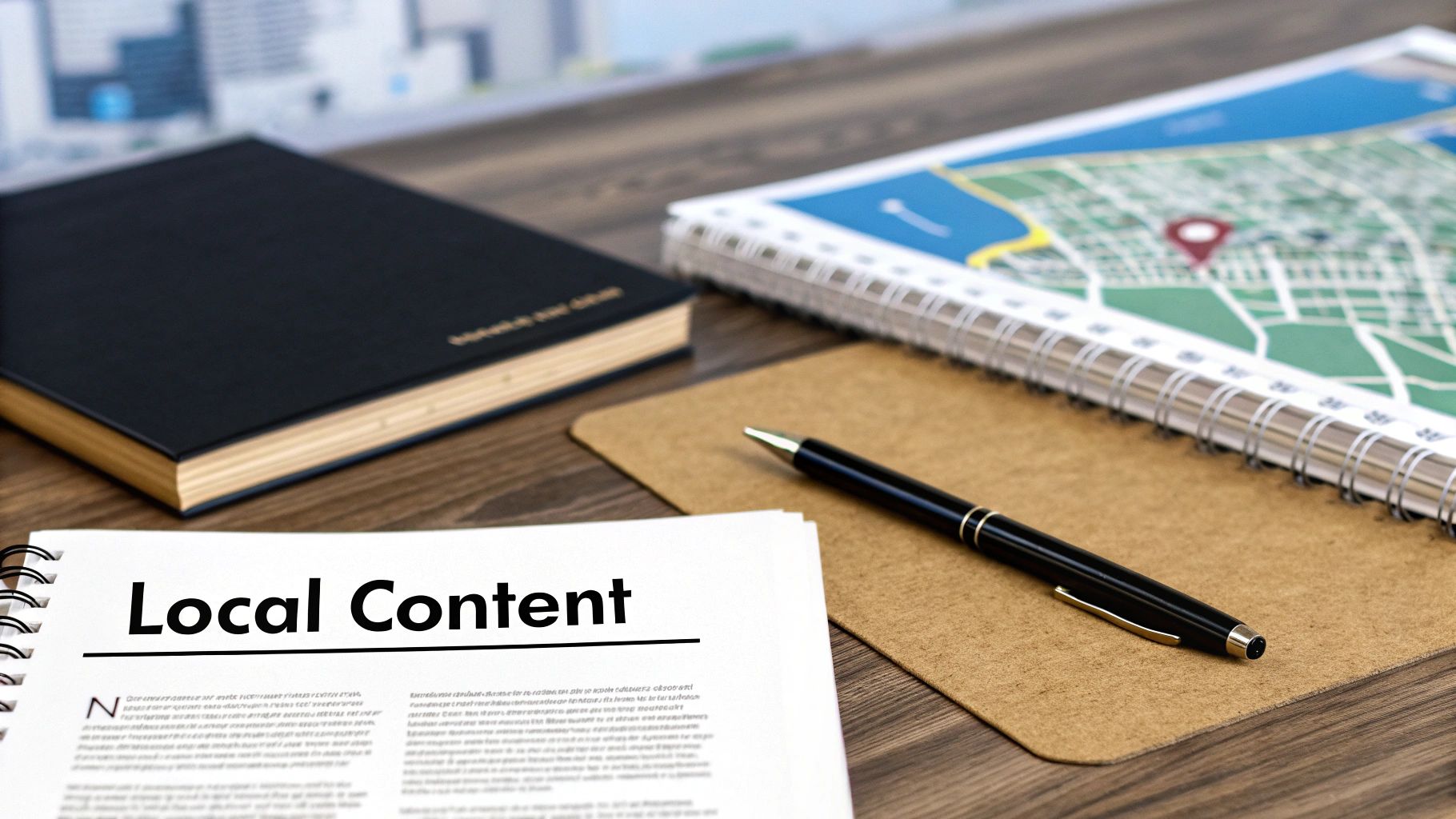 A desk with a document titled 'Local Content', a map notebook, a black journal, and a pen.
