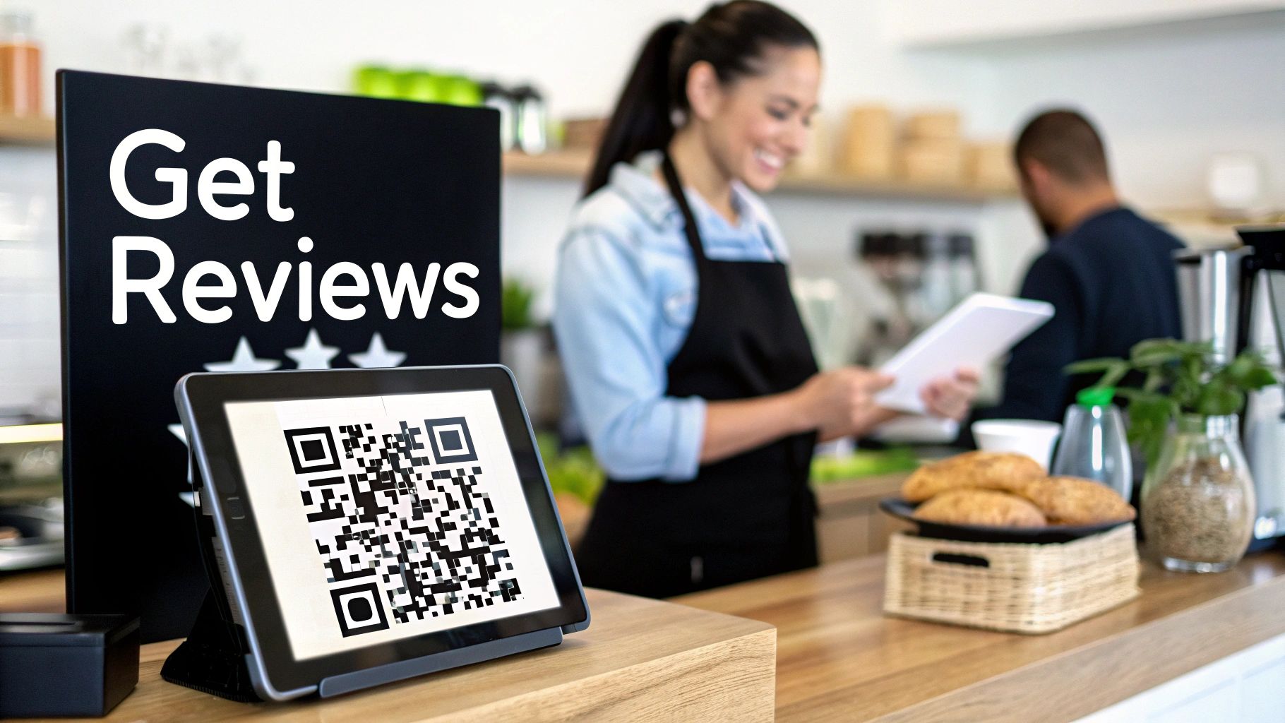 A cafe counter features a 'Get Reviews' sign and a tablet displaying a QR code for customer feedback.