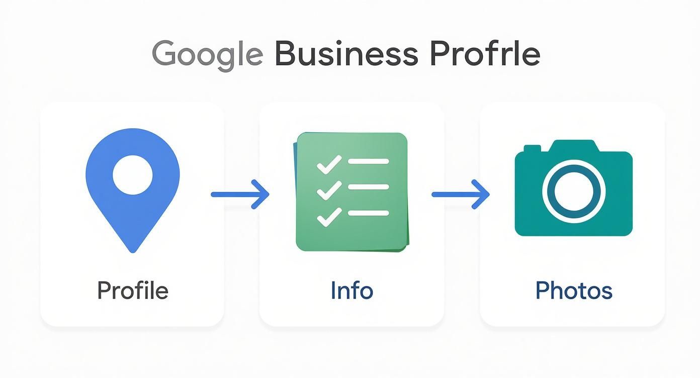 Google Business Profile setup process showing three steps: profile creation, business information entry, and photo upload