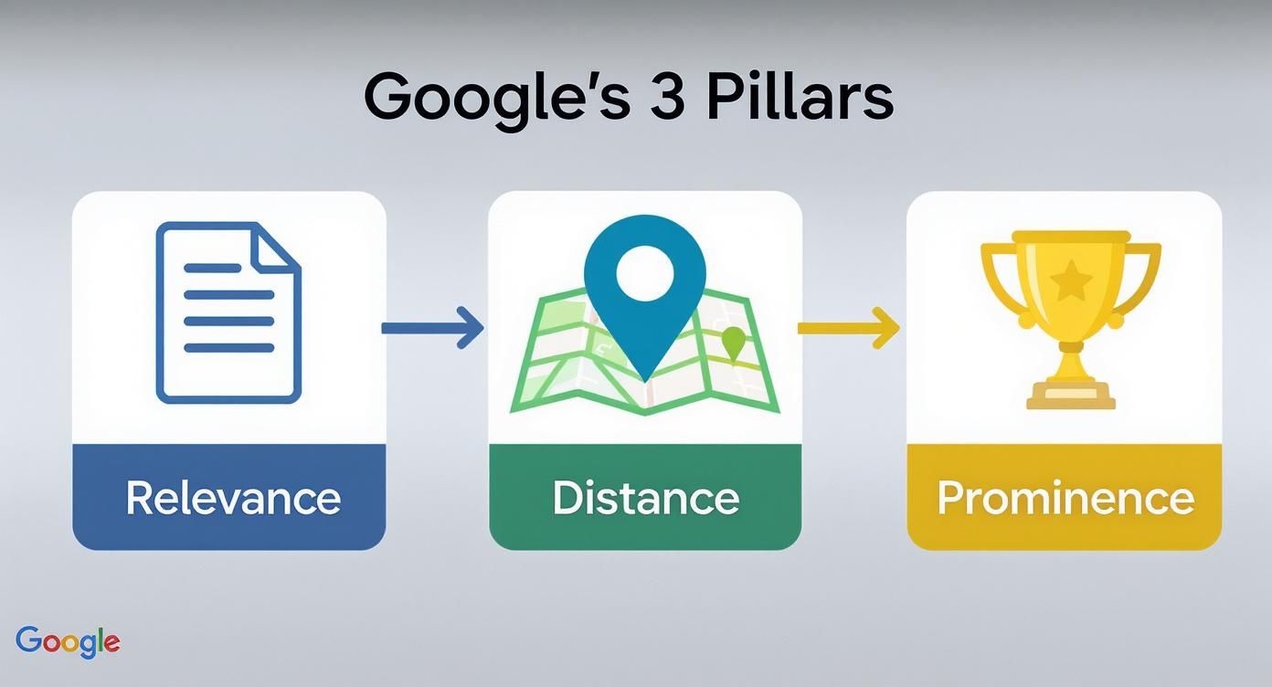 Google's three pillars for local search ranking: relevance, distance, and prominence illustrated with icons