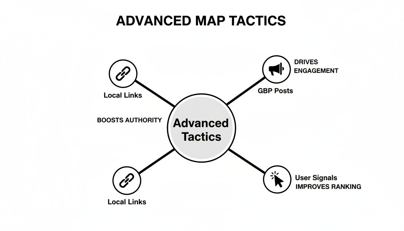 Diagram illustrating advanced map tactics for local SEO, including local links, GBP posts, and user signals.