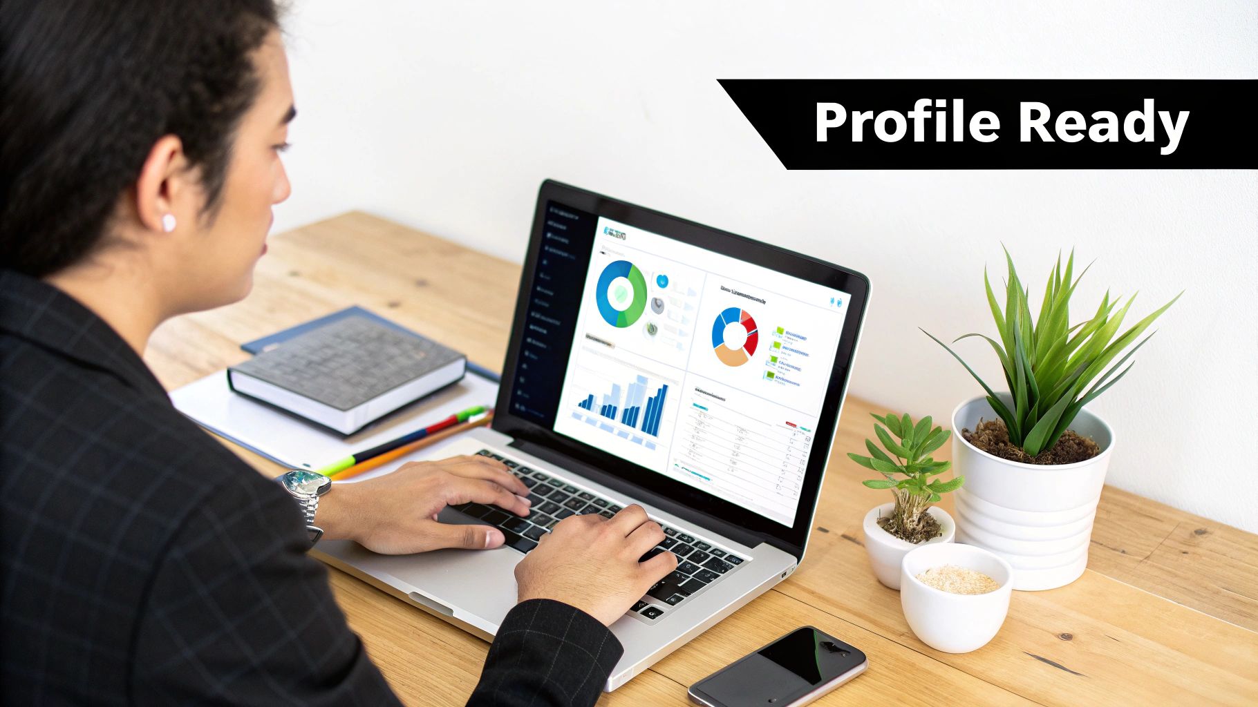 Person working on a laptop displaying data analytics charts and graphs at a wooden desk.