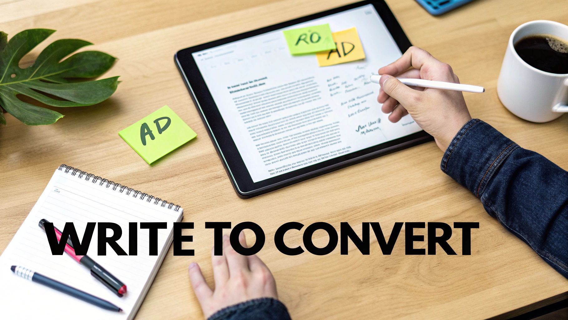 Hands using a stylus on a tablet with 'AD' sticky notes, a notepad, and coffee on a wooden desk.