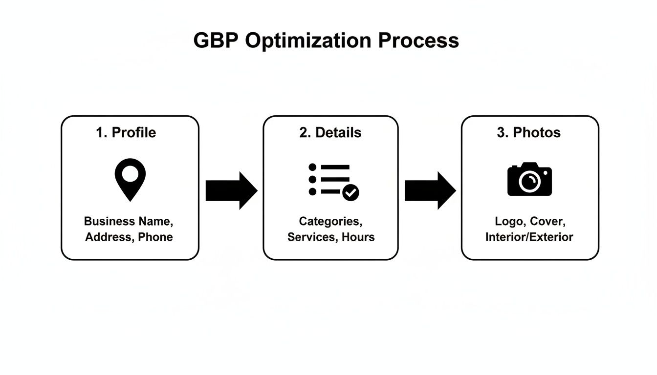 A flowchart illustrating the 3-step GBP optimization process with profile, details, and photos.