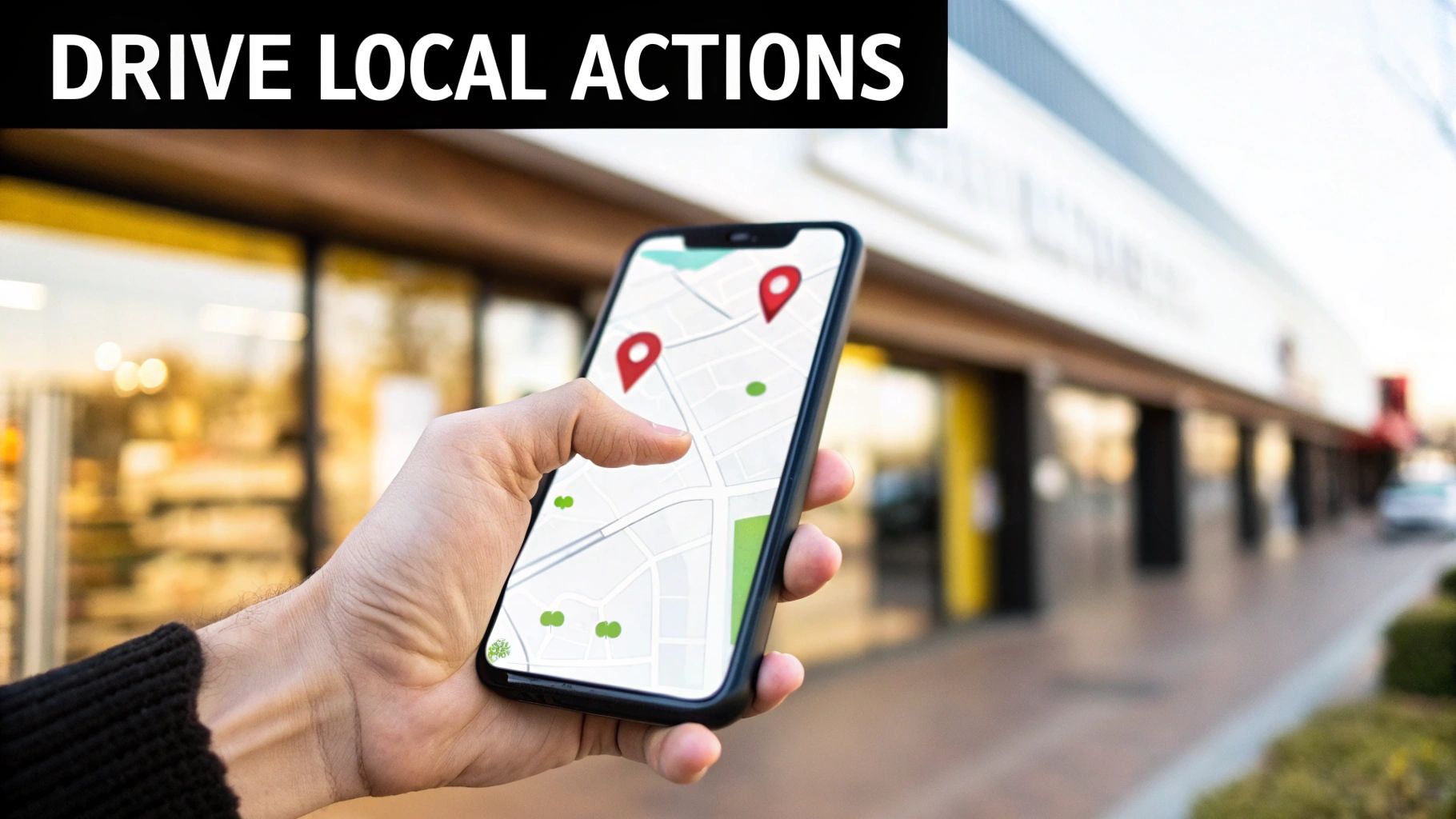 A hand holds a smartphone displaying a map with red location pins, illustrating driving local actions.
