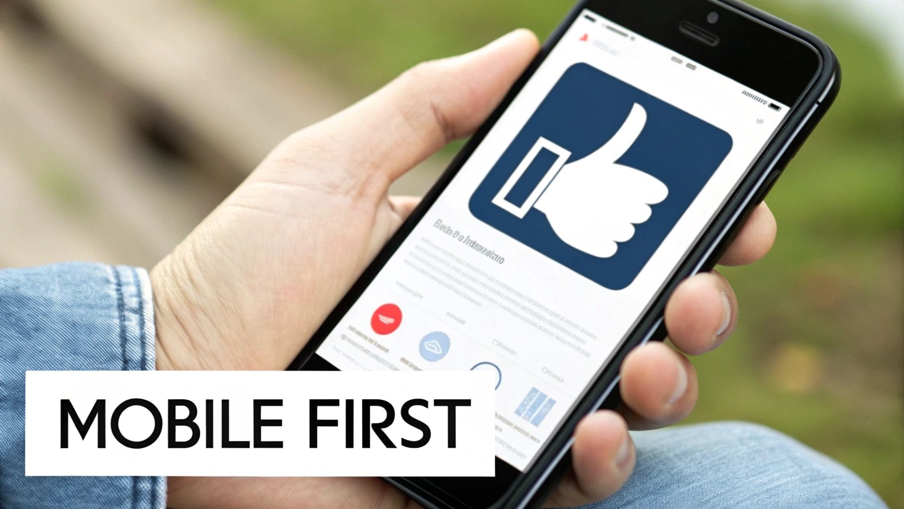 A hand holds a smartphone displaying a large blue thumbs-up icon with 'MOBILE FIRST' text.