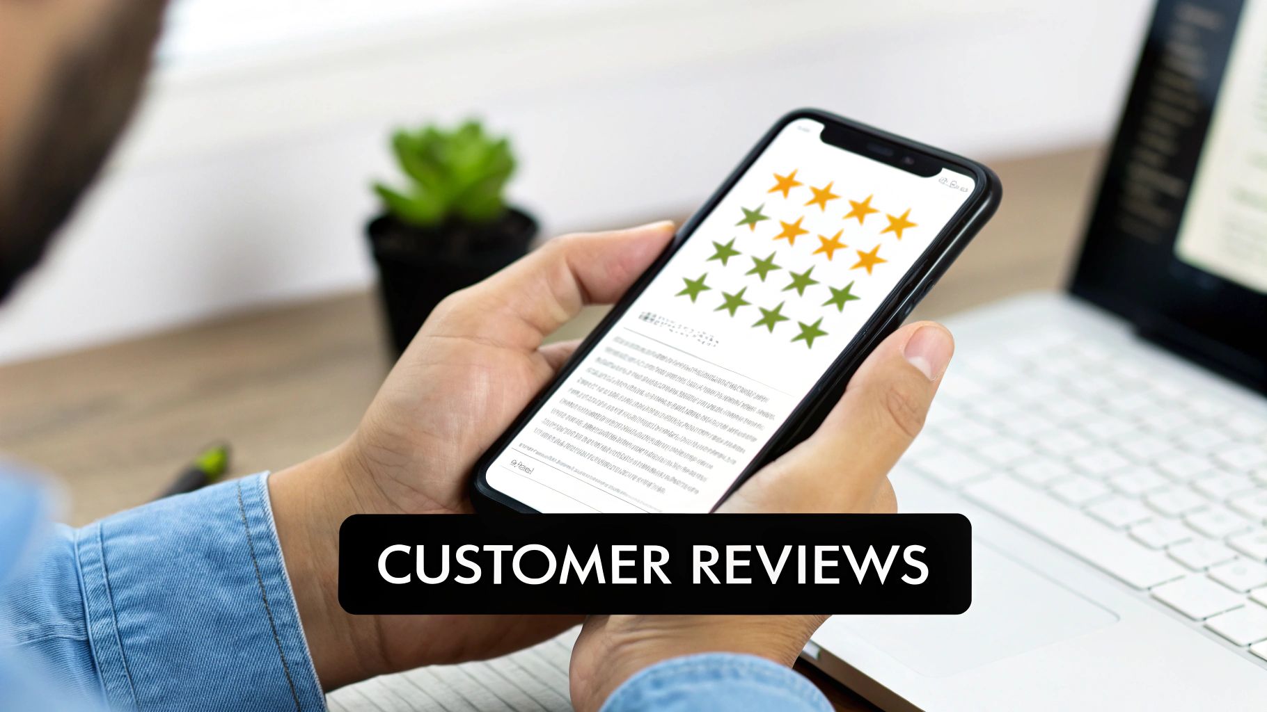 A person holds a smartphone displaying customer reviews with orange and green stars.