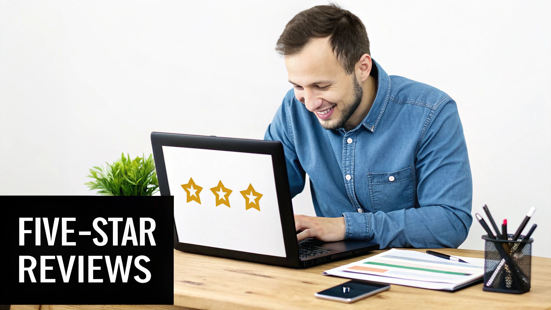 A smiling man happily views five-star ratings on a laptop, with text 'FIVE-STAR REVIEWS' visible.