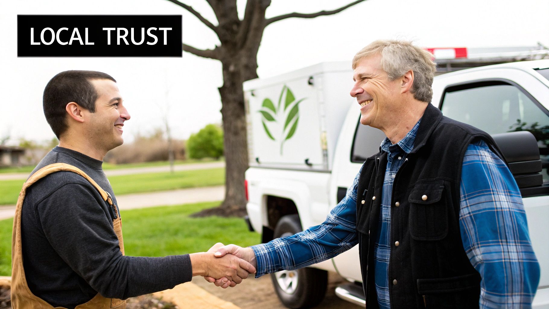 An image of a tree service professional shaking hands with a happy homeowner in their yard.