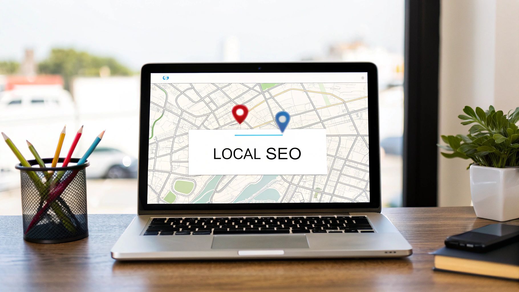 Laptop displaying local SEO map with location pins on wooden desk with office supplies