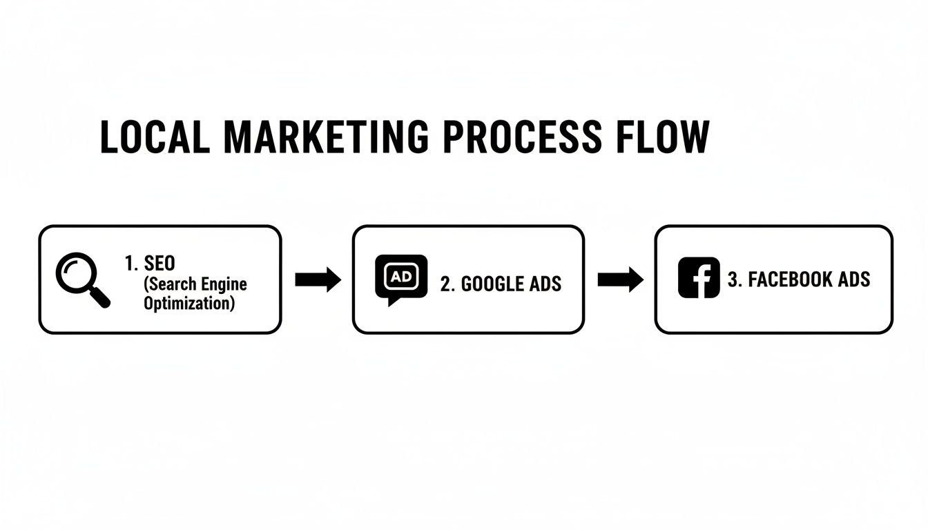 A flow chart illustrating the local marketing process: 1. SEO, 2. Google Ads, 3. Facebook Ads.