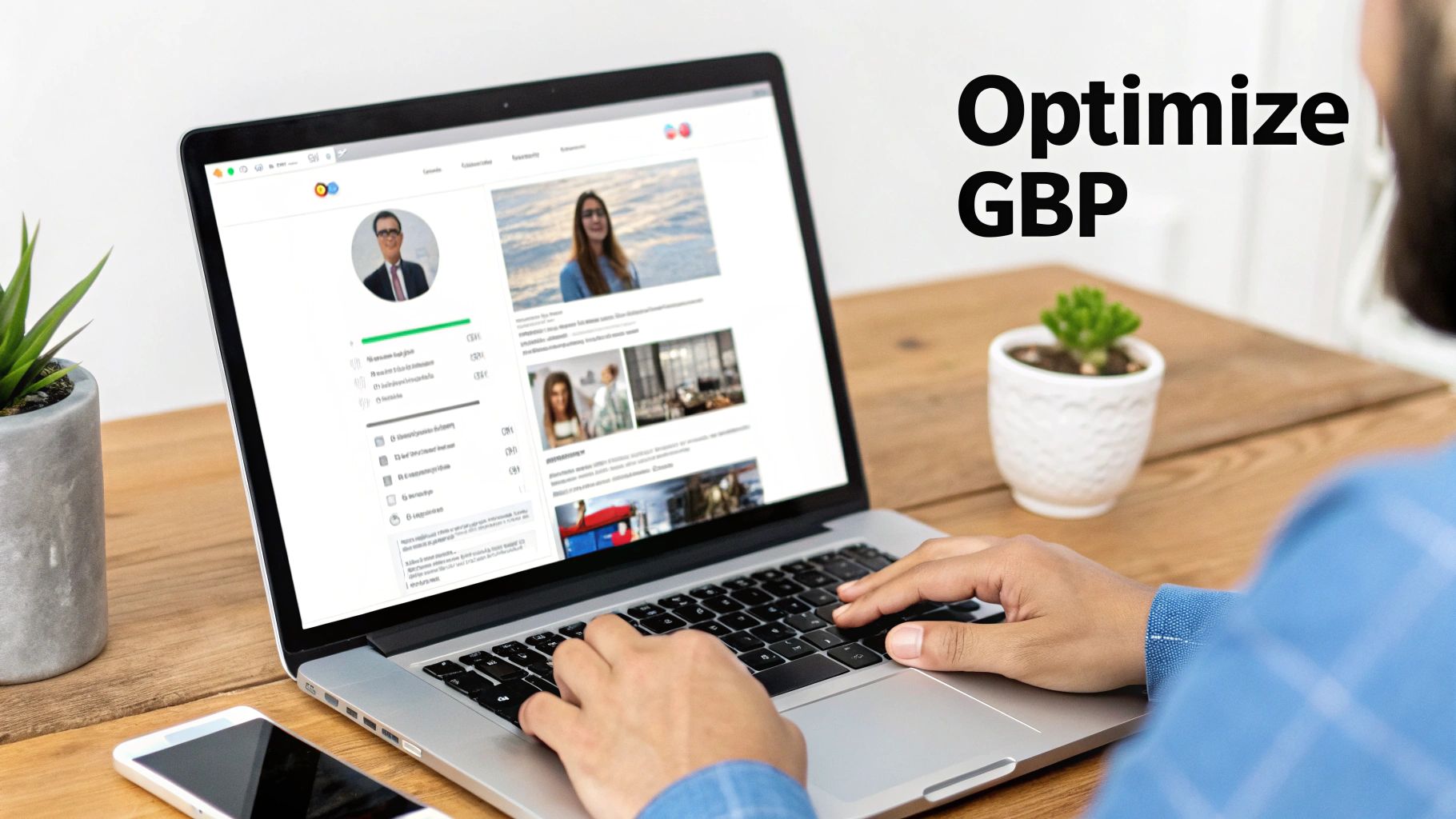 A person types on a laptop displaying a social media-like interface with 'Optimize GBP' text.