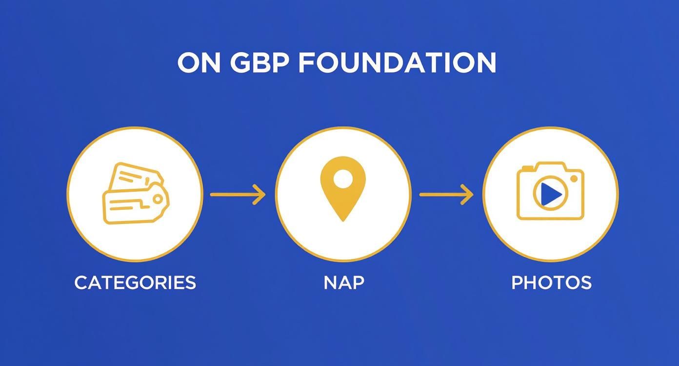 Google Business Profile foundation workflow showing categories, NAP location data, and photos process diagram