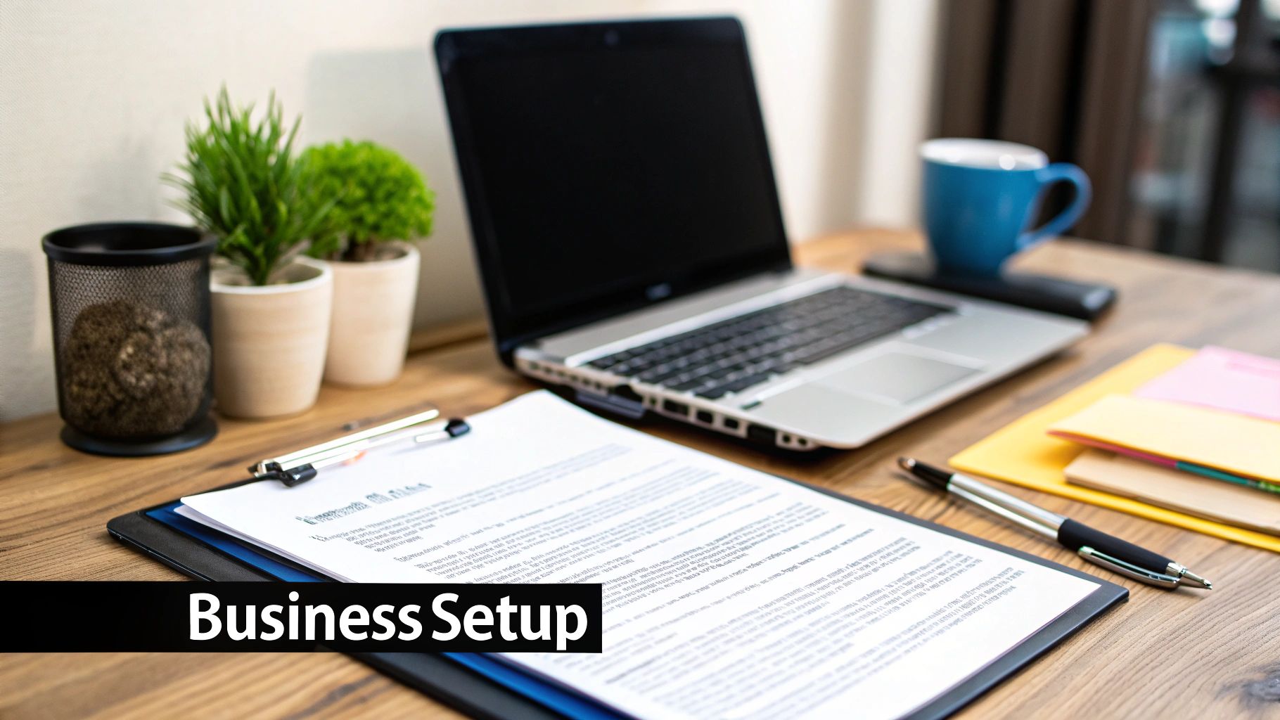 A neatly organized desk with a laptop, documents, pens, and plants, ready for business setup.