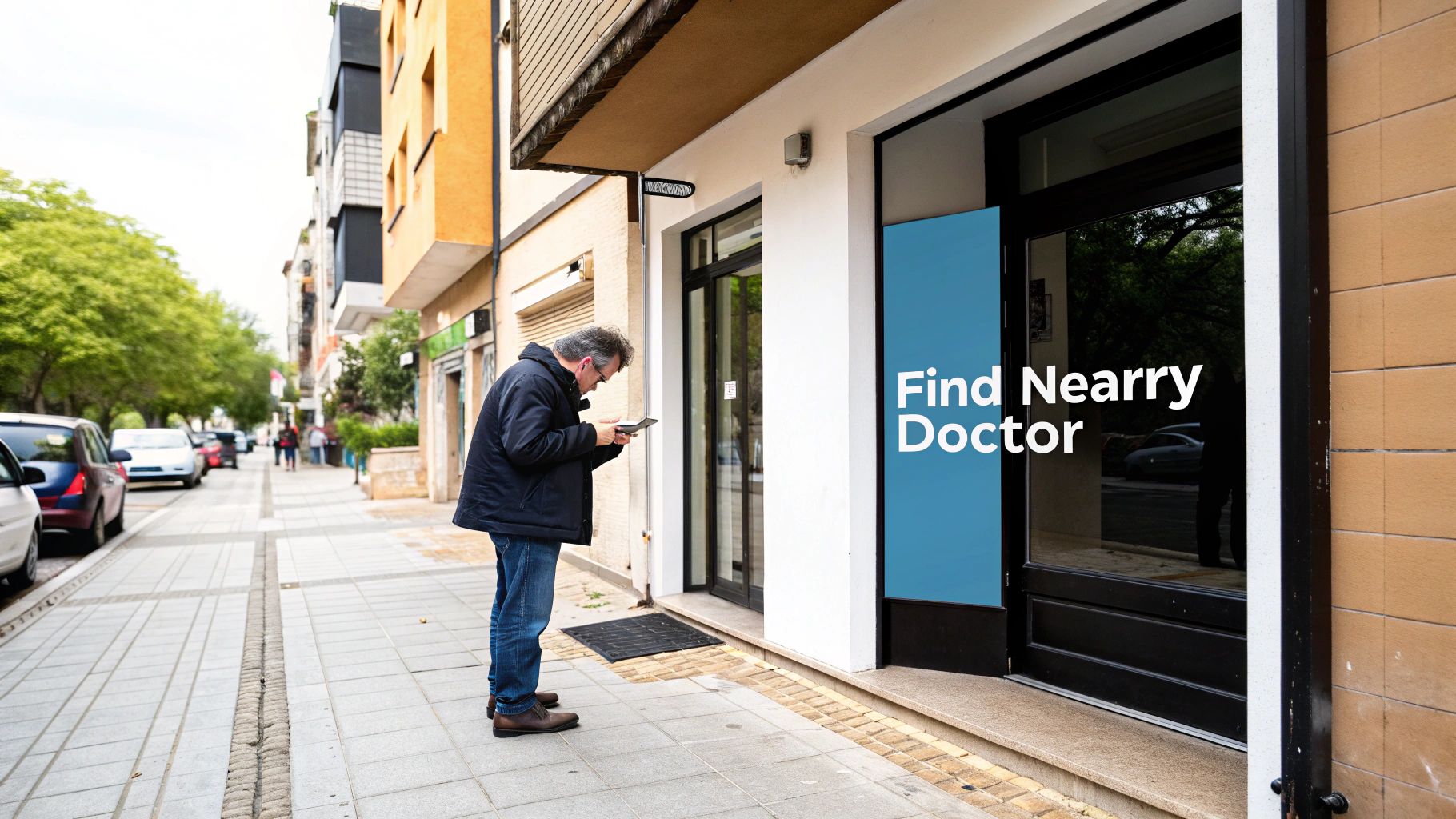 A doctor reviewing patient information on a tablet in a modern medical clinic.