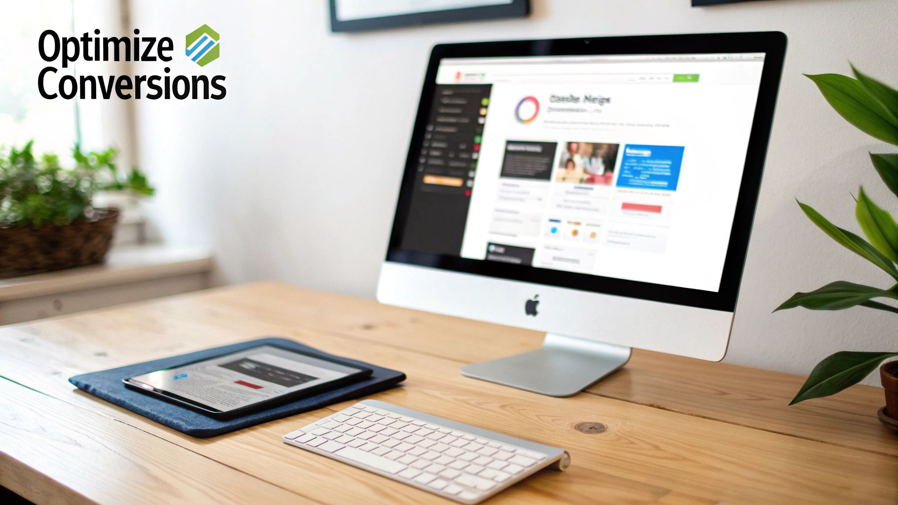 A clean, modern home office desk with an iMac, iPad, keyboard, and plants, showcasing digital marketing.