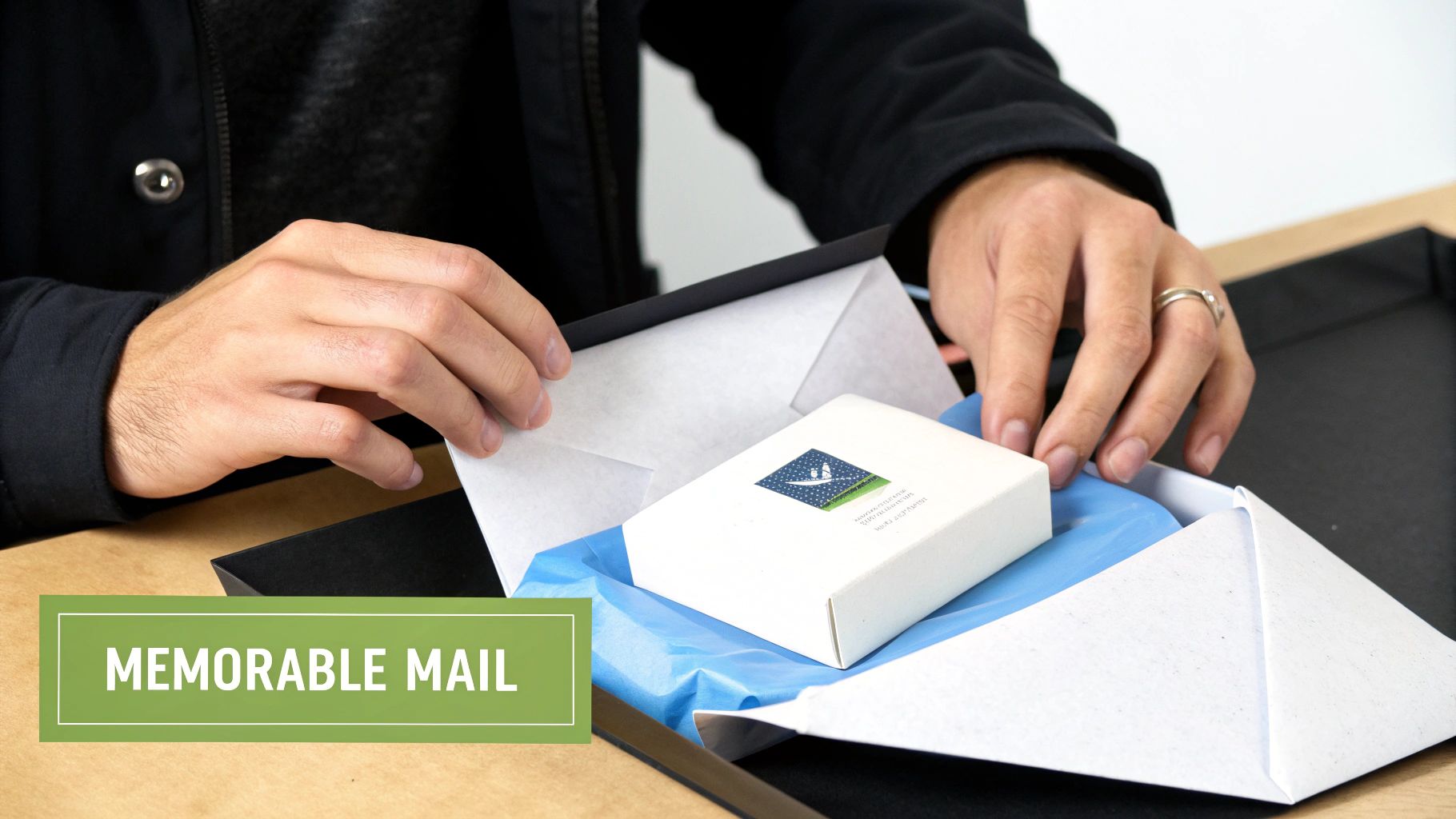 A person's hands open a sleek black mail package, revealing a white box with a logo nestled in blue tissue paper.