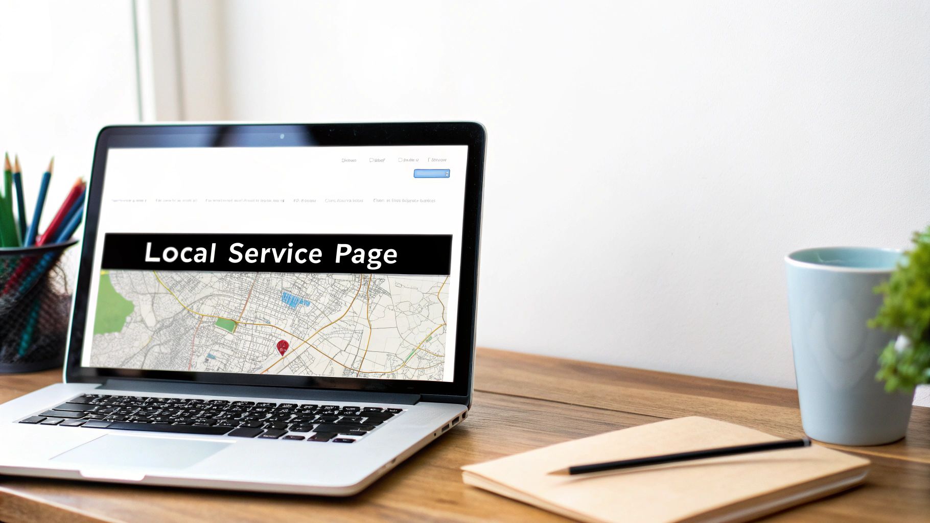 A laptop on a wooden desk displaying a 'Local Service Page' with a map and a red pin.