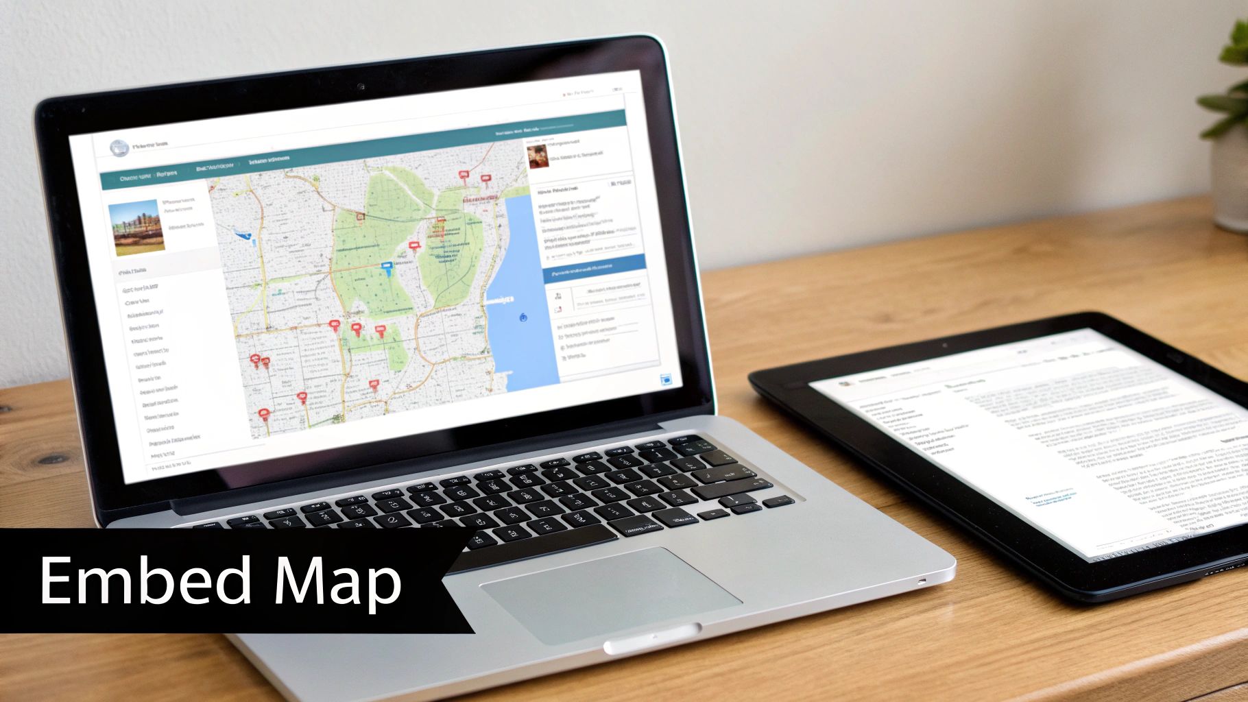 A silver laptop displaying an embedded map with red pins, next to a tablet on a wooden desk.