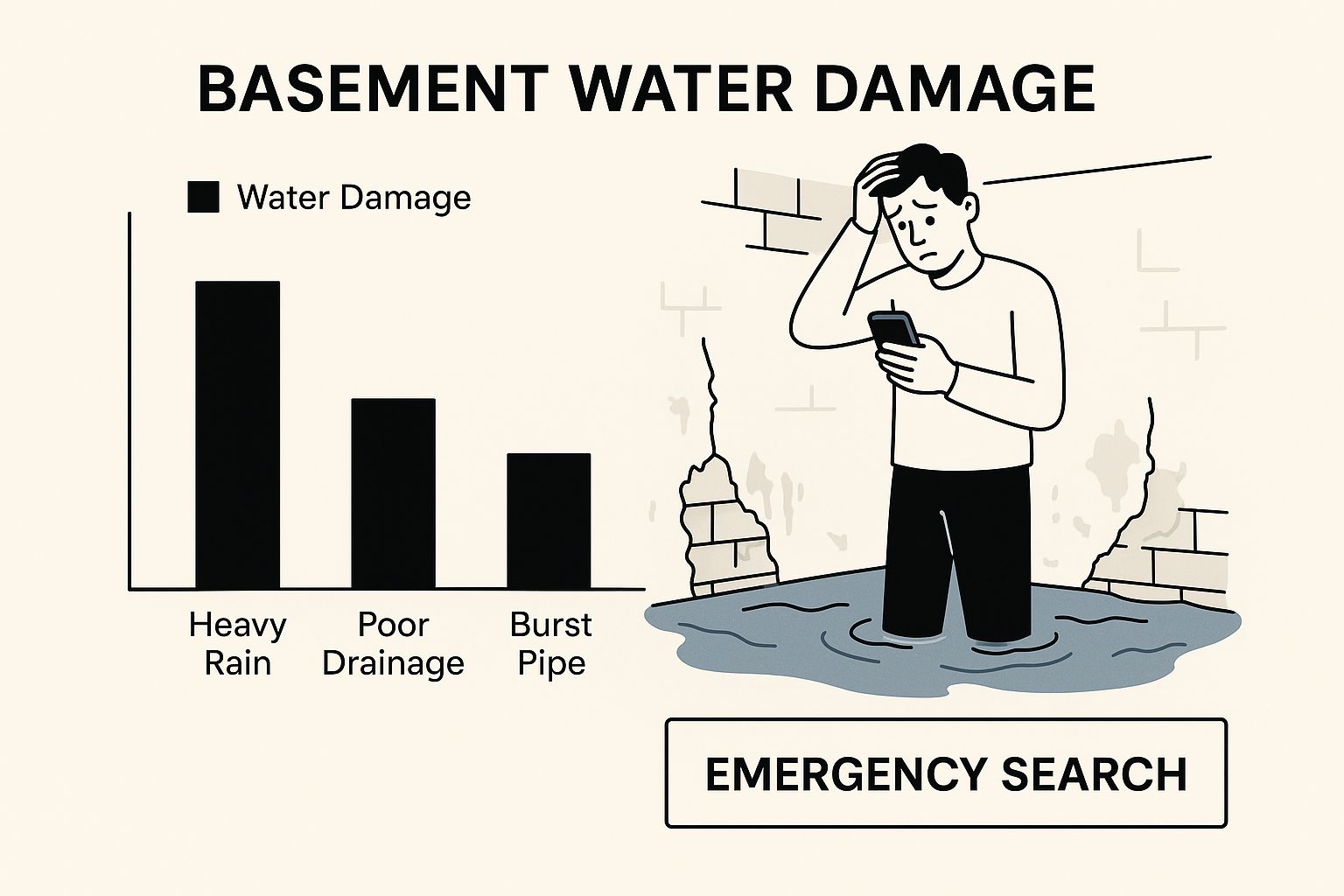 Infographic of a homeowner in a flooded basement performing an emergency search for restoration seo experts.
