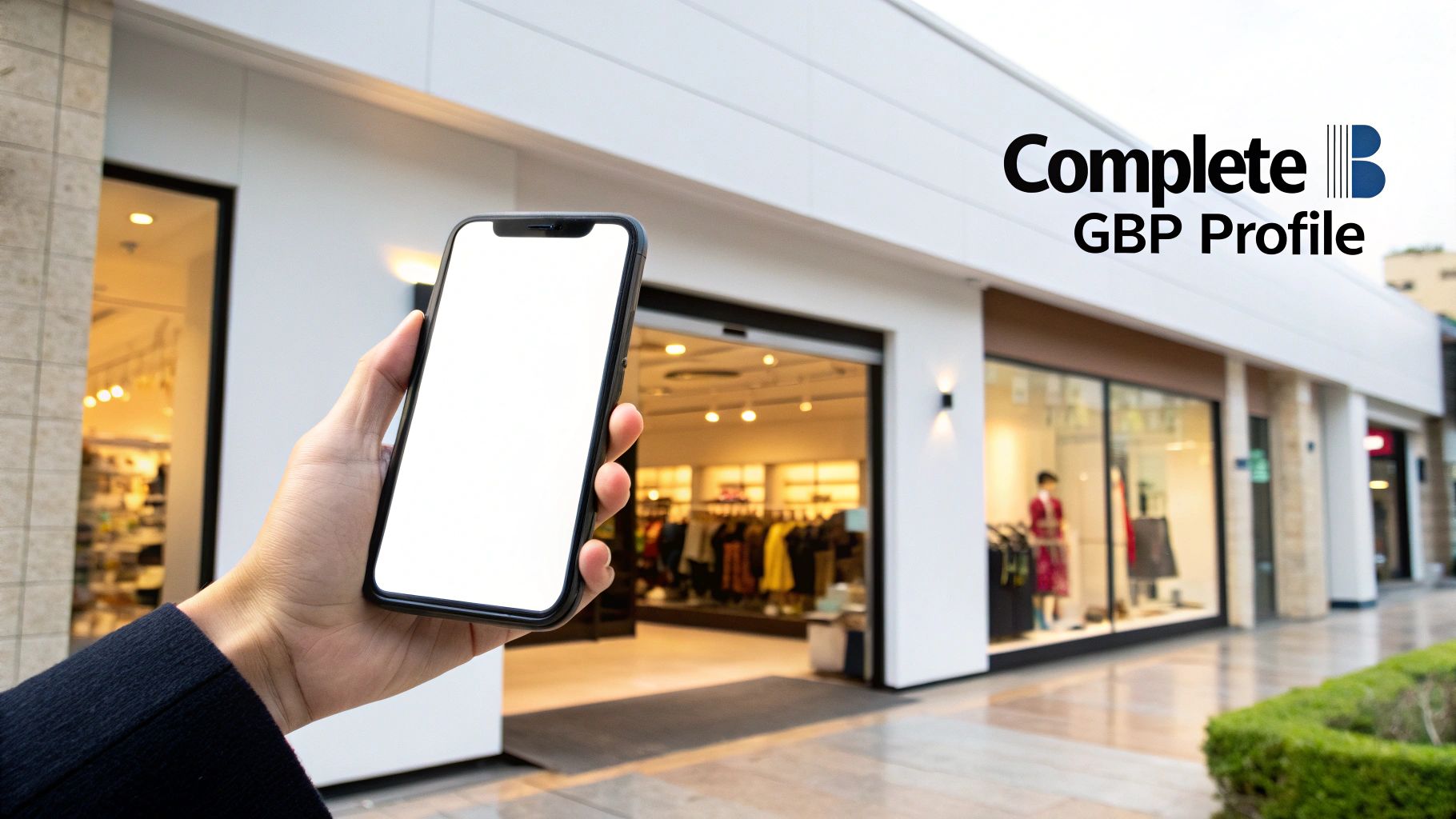 Person holding a blank smartphone outside a retail store, showing a complete GBP profile.