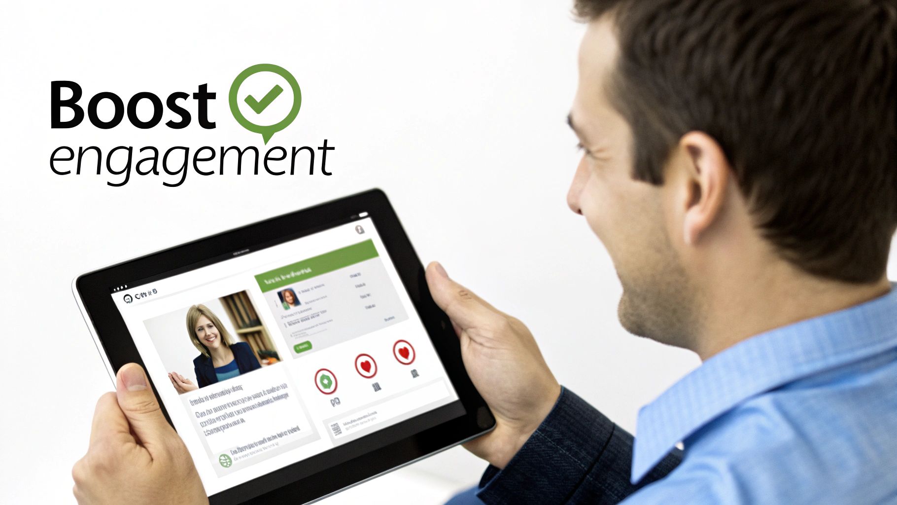 Man using tablet to view boost engagement dashboard with video call and analytics interface