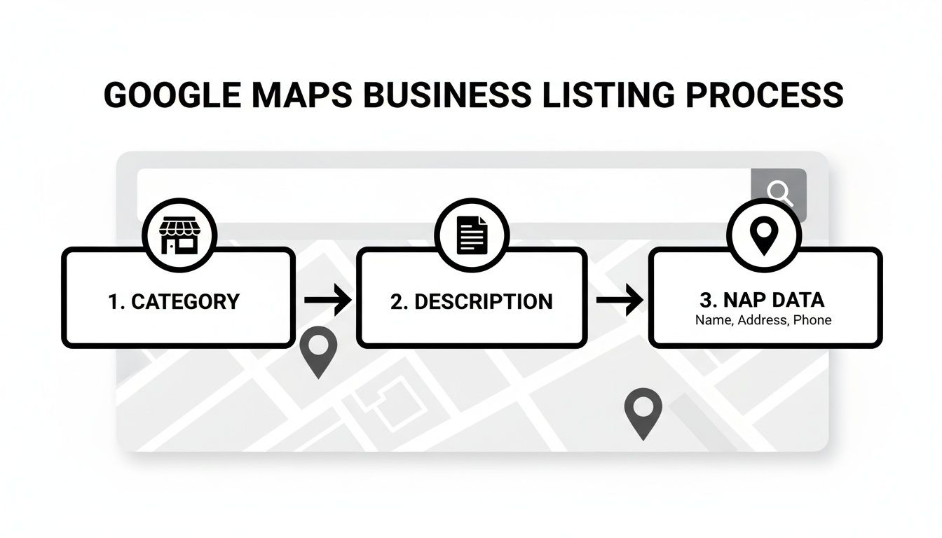 Diagram outlining the three steps for a Google Maps business listing: Category, Description, and NAP Data.