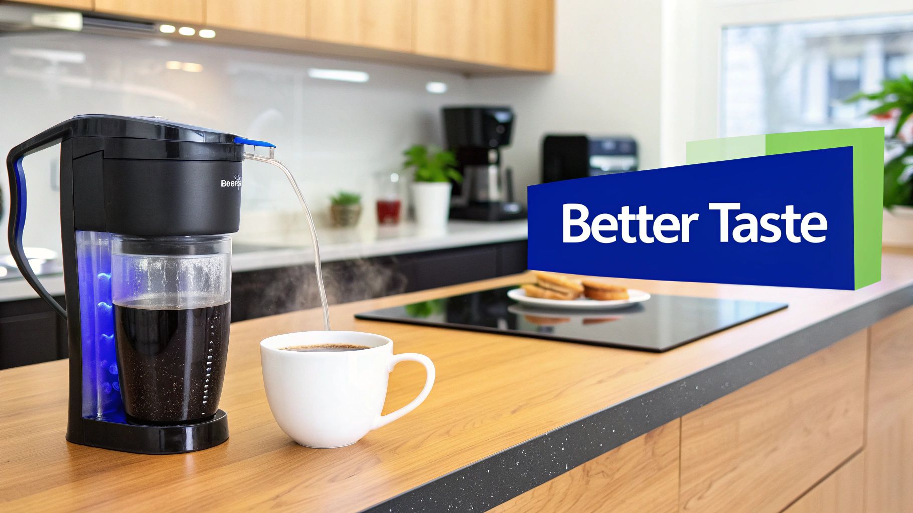 A person pouring filtered water into a glass from an under-sink tap.