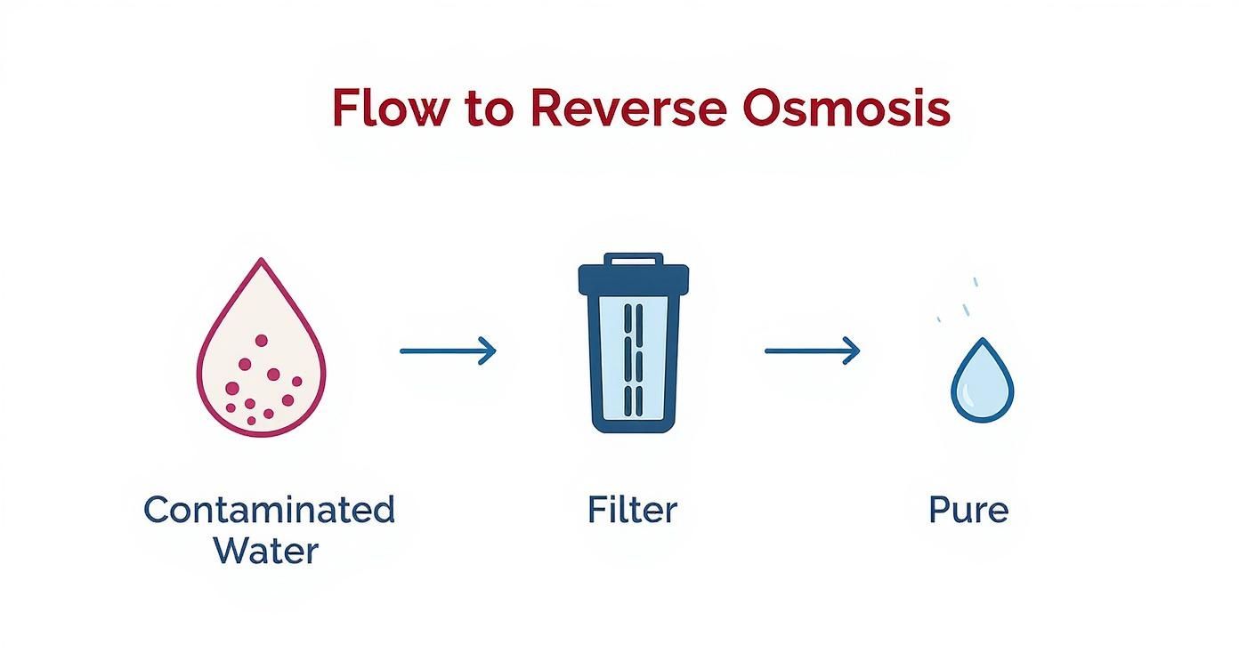 Diagram showing contaminated water flowing through a filter to become pure, illustrating reverse osmosis.