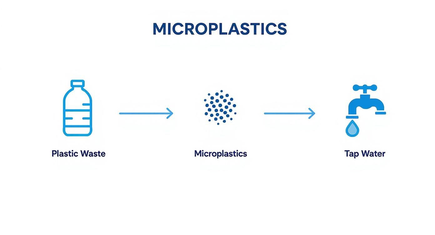A diagram illustrating plastic waste degrading into microplastics that contaminate tap water.