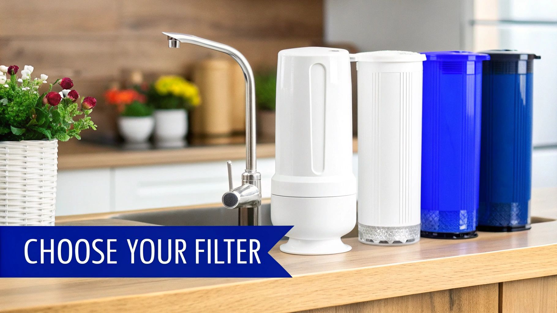 A person is shown changing a charcoal water filter cartridge in a modern kitchen setting.
