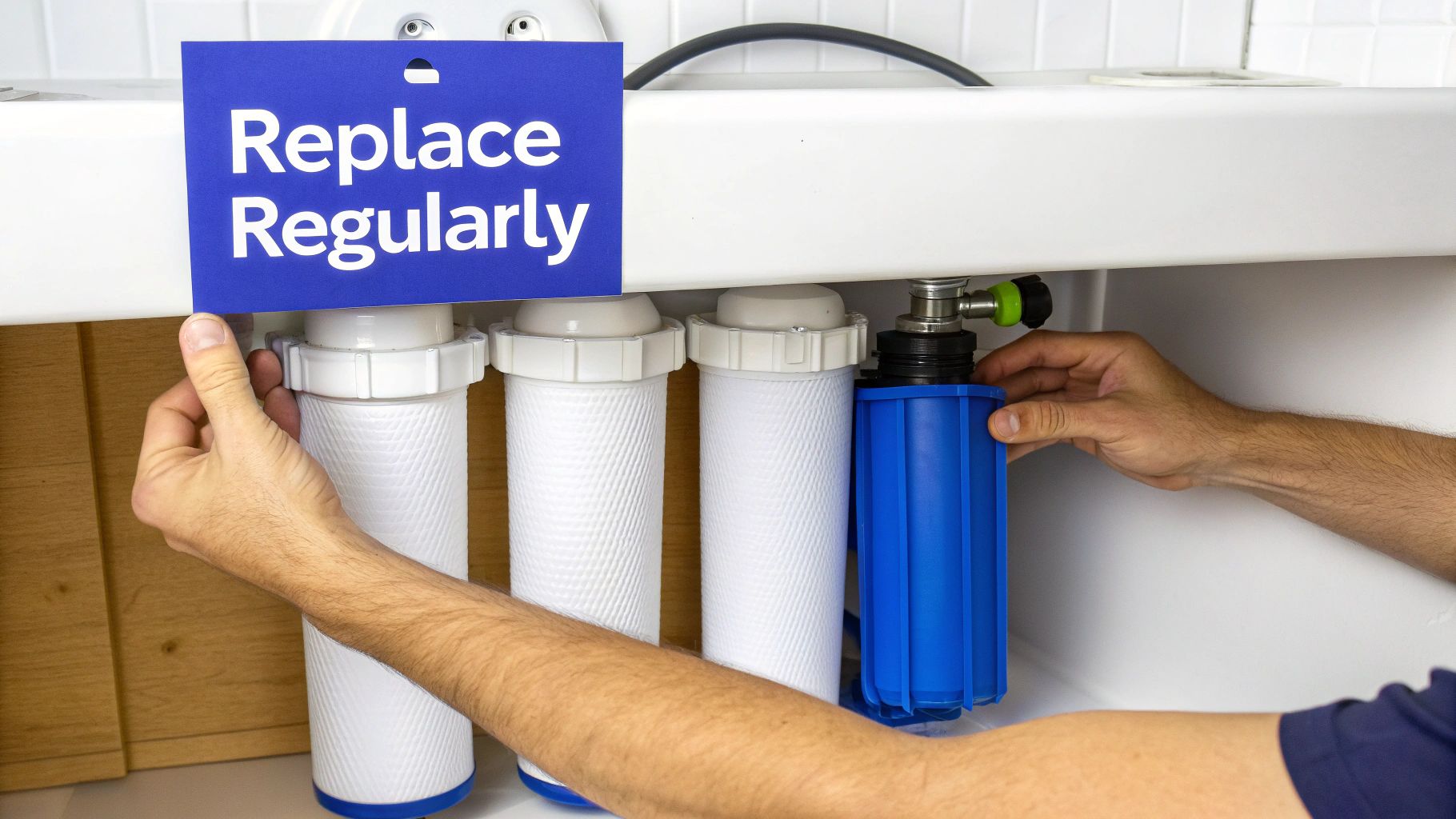 A person's hands replacing water filter cartridges in an under-sink filtration system with a 'Replace Regularly' sign.