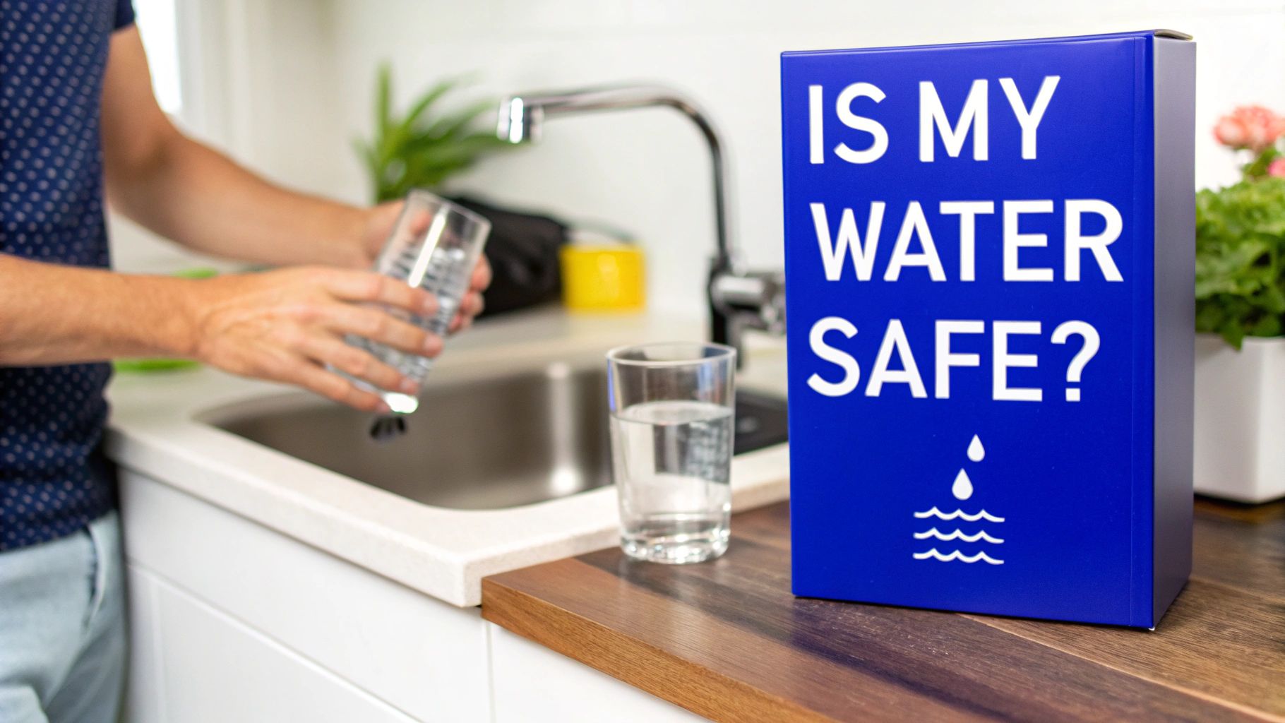 A person fills a glass with water from a tap next to a blue 'Is My Water Safe?' box.