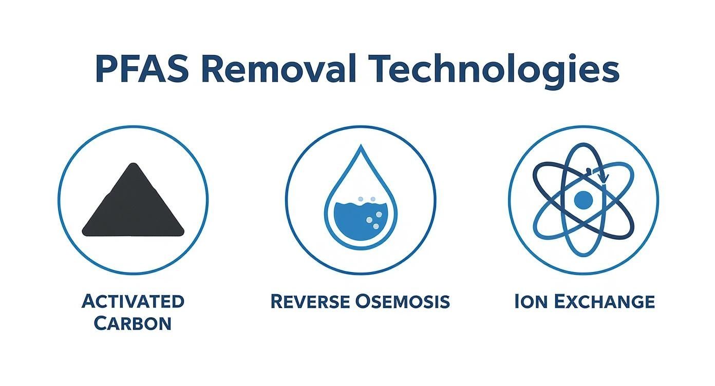 Infographic showing three PFAS removal technologies: activated carbon, reverse osmosis, and ion exchange.